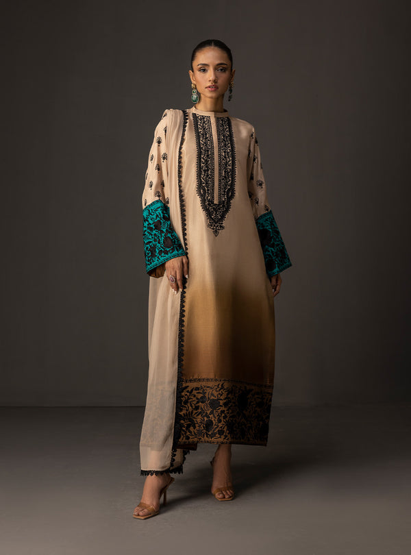 3 Piece Unstitched Embroidered and Printed SIlk Suit 229