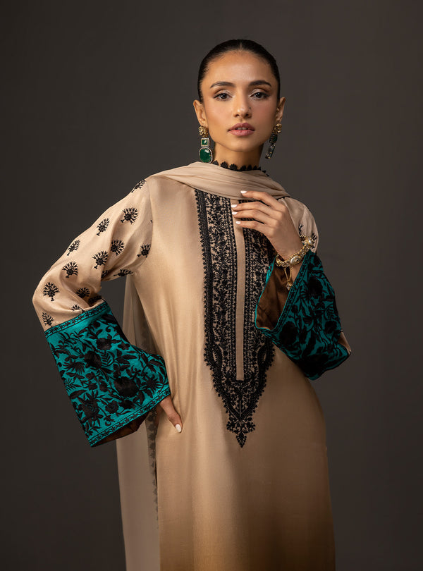 3 Piece Unstitched Embroidered and Printed SIlk Suit 229