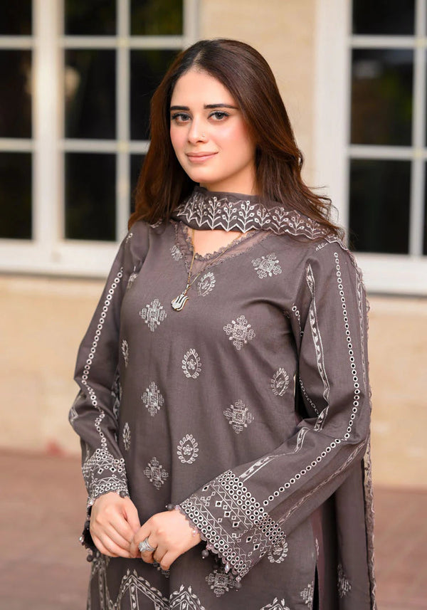 LIBAAS - 3PC DHANAK EMBROIDERED SHIRT WITH DHANAK EMBROIDERED SHAWL AND TROUSER - 681